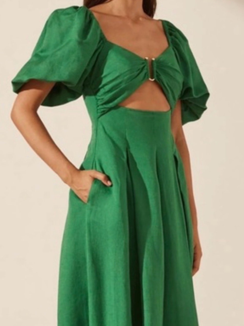 House of Harlow 1960 Emerald Green Cutout Puff-Sleeve Dress